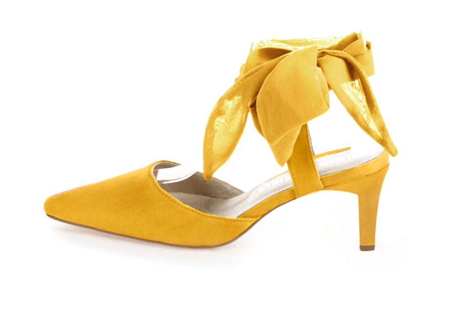 French elegance and refinement for these yellow dress open back shoes, with an ankle scarf, 
                available in many subtle leather and colour combinations. This pretty pump will sublimate your leg with its scarf tied at the ankle.  
                Matching clutches for parties, ceremonies and weddings.   
                You can customize these shoes to perfectly match your tastes or needs, and have a unique model.  
                Choice of leathers, colours, knots and heels. 
                Wide range of materials and shades carefully chosen.  
                Rich collection of flat, low, mid and high heels.  
                Small and large shoe sizes - Florence KOOIJMAN
